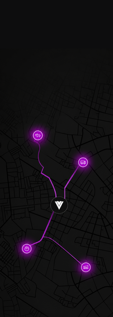 Map-style logistics route connecting supply chain service points